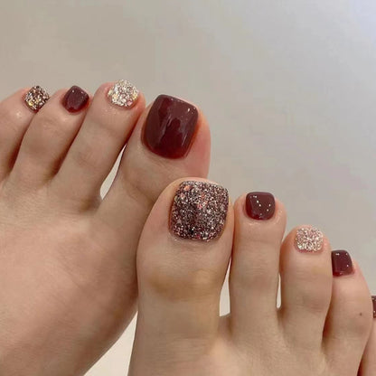 Champagne Red Glitter Toe Nails