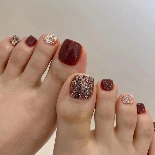 Champagne Red Glitter Toe Nails