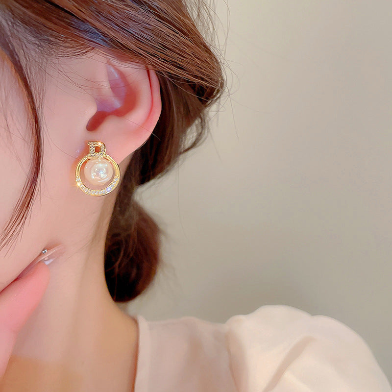 French-Style Pearl & Letter Diamond Stud Earrings
