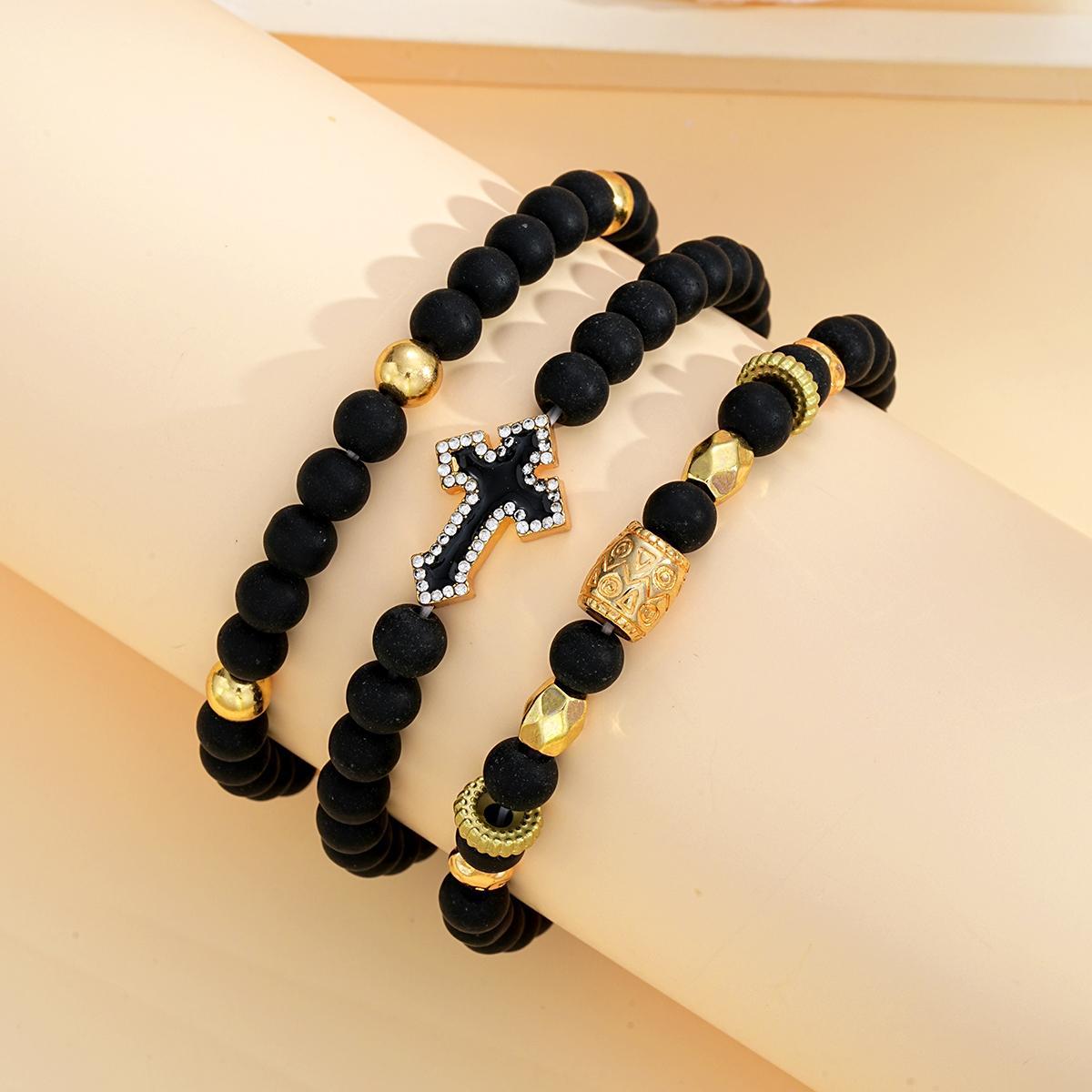 Black Matte Gold Bead Cross Bracelet Set