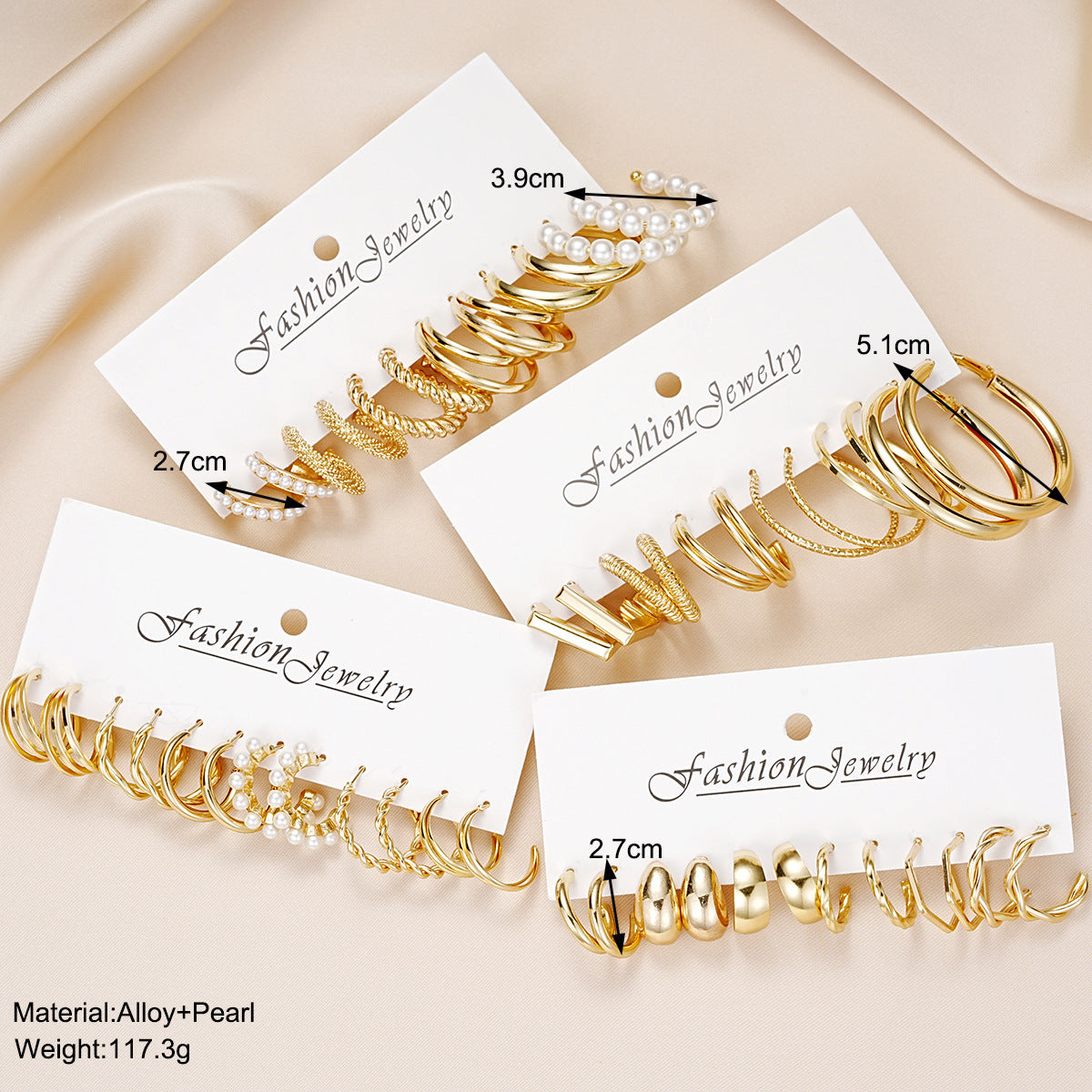 Geometric cube three-tube pearl twist earrings set