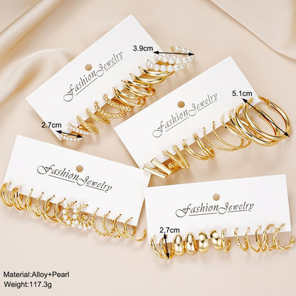 Geometric cube three-tube pearl twist earrings set