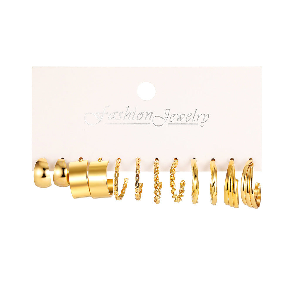 Gold C-Shape & Chain Earring Set (6-Piece)