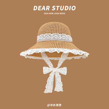 Sombrero de paja hueco para mujer, sombrero de ala ancha con protección UV para el sol de verano 