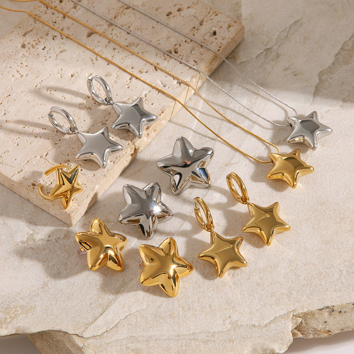 Collar Con Aretes Con Anillo De Estrella De Cinco Puntas Convexo Pulido 