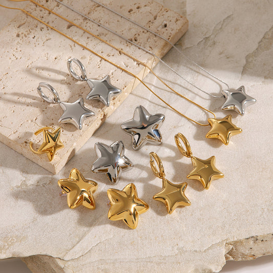 Collar Con Aretes Con Anillo De Estrella De Cinco Puntas Convexo Pulido 
