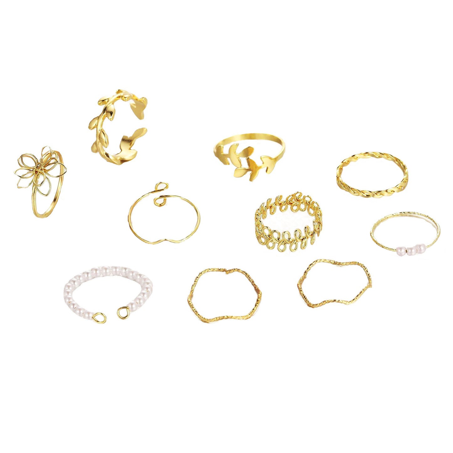 Leaf & Pearl Ring Set (10-Piece)