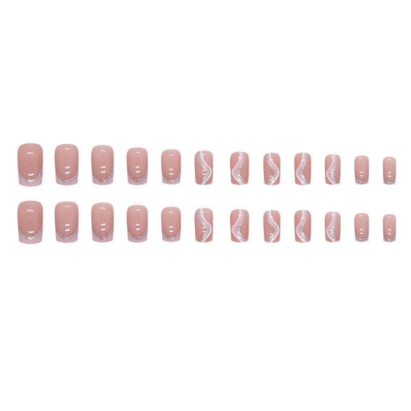 Uñas postizas cuadradas con rayas rosas y blancas 
