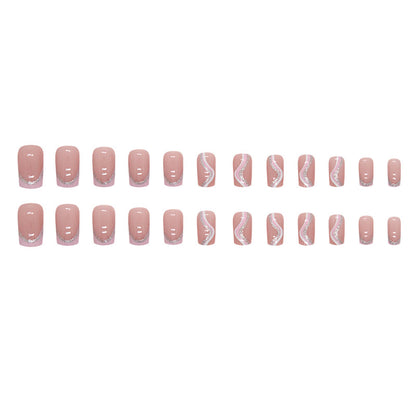 Uñas postizas cuadradas con rayas rosas y blancas 