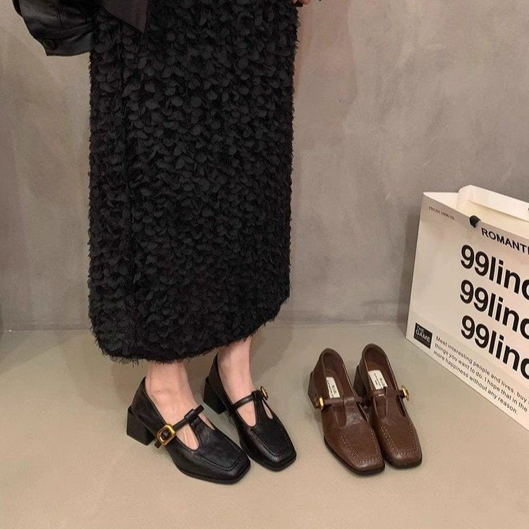 Casual one-word buckle thick-heeled small leather shoes