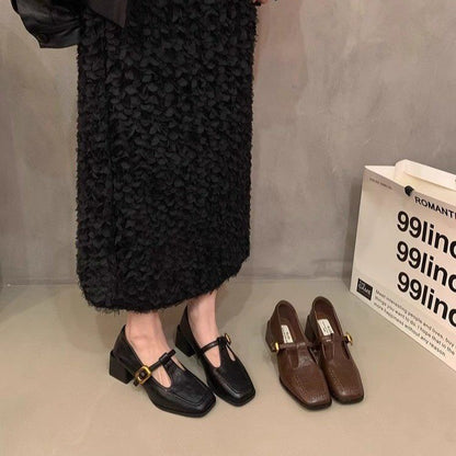 Casual one-word buckle thick-heeled small leather shoes