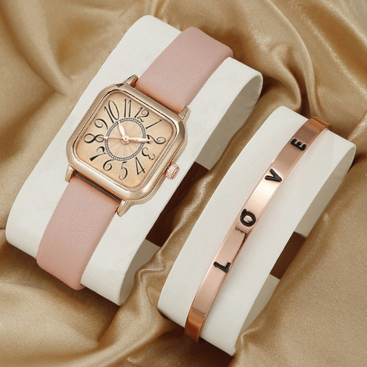 Square quartz watch LOVE bracelet set