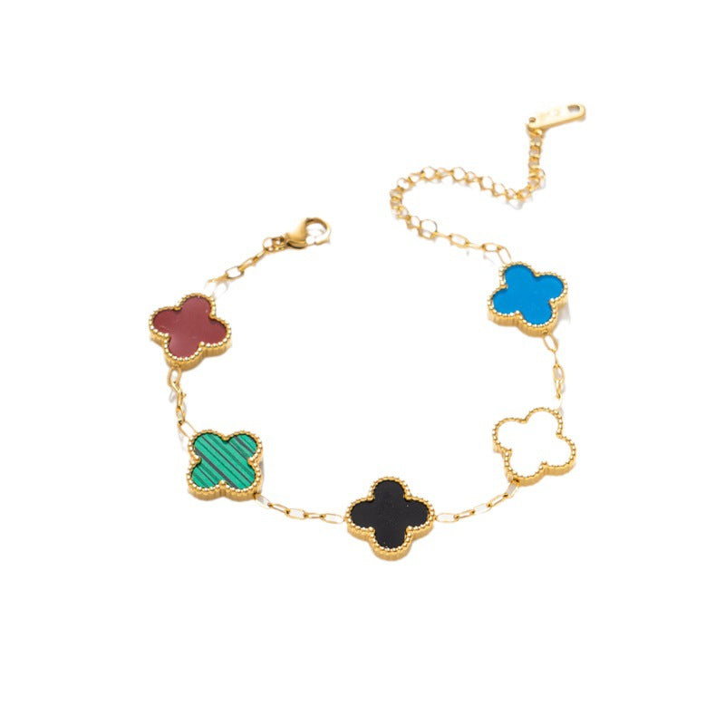 Elegante pulseira de aço titânio trevo de quatro folhas de dupla face para mulheres, simples e elegante 