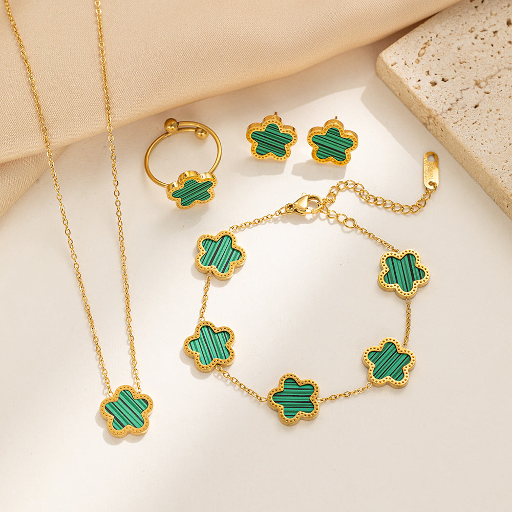 Fashion Plum Blossom Jewelry Set - Titanium Steel Necklace, Earrings, Ring