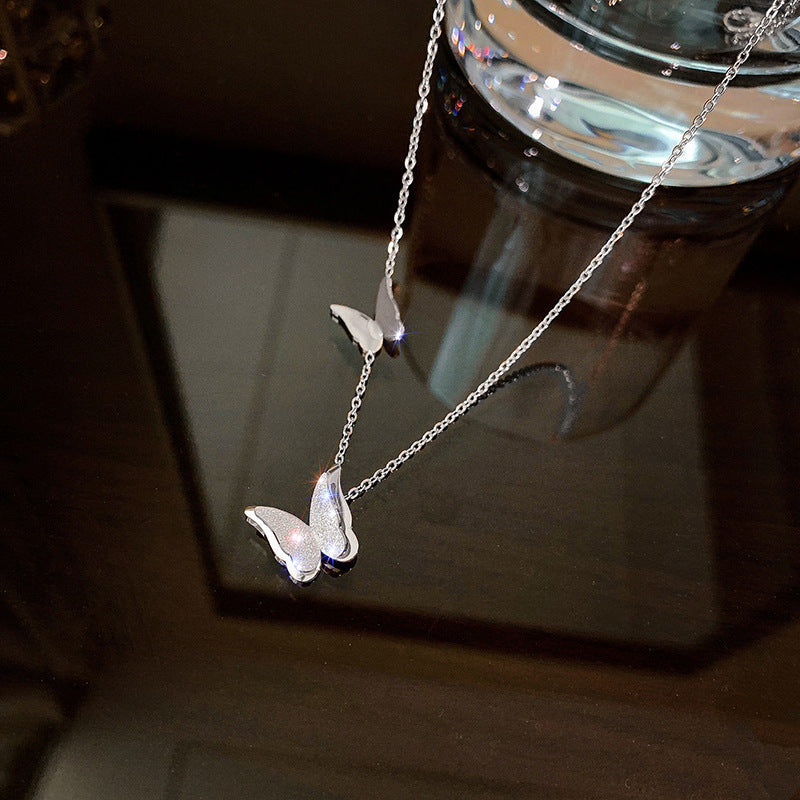 Women's Rose Gold Frosted Double Butterfly Titanium Steel Collarbone Necklace