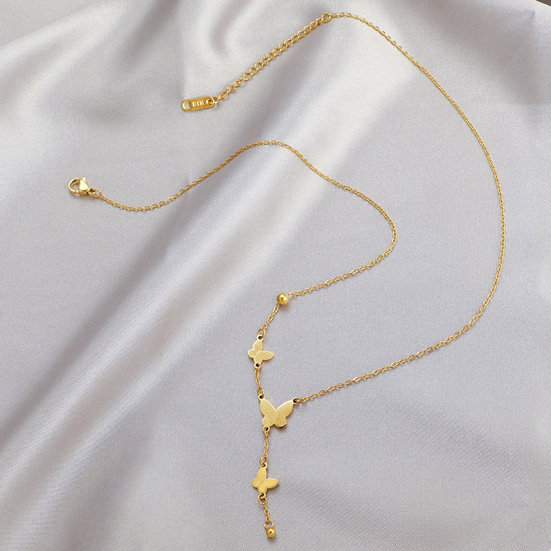 Chinese-Style Butterfly Tassel Collarbone Necklace — 18K Gold-Plated Titanium Steel