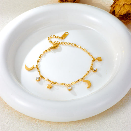 Star & Moon Diamond Titanium Steel Anklet — Rose Gold Plated