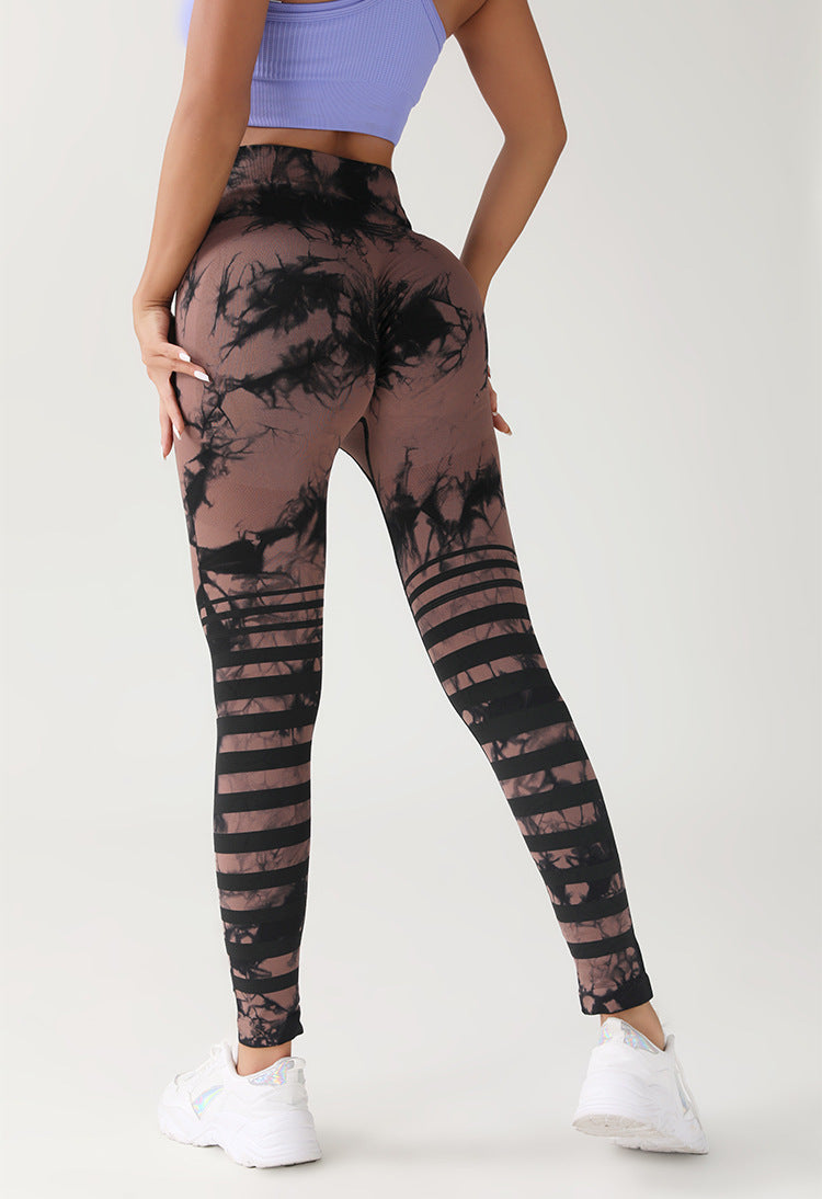 Euro Trendy Pantalones de yoga con levantamiento de glúteos y cintura alta sin costuras con efecto tie-dye 