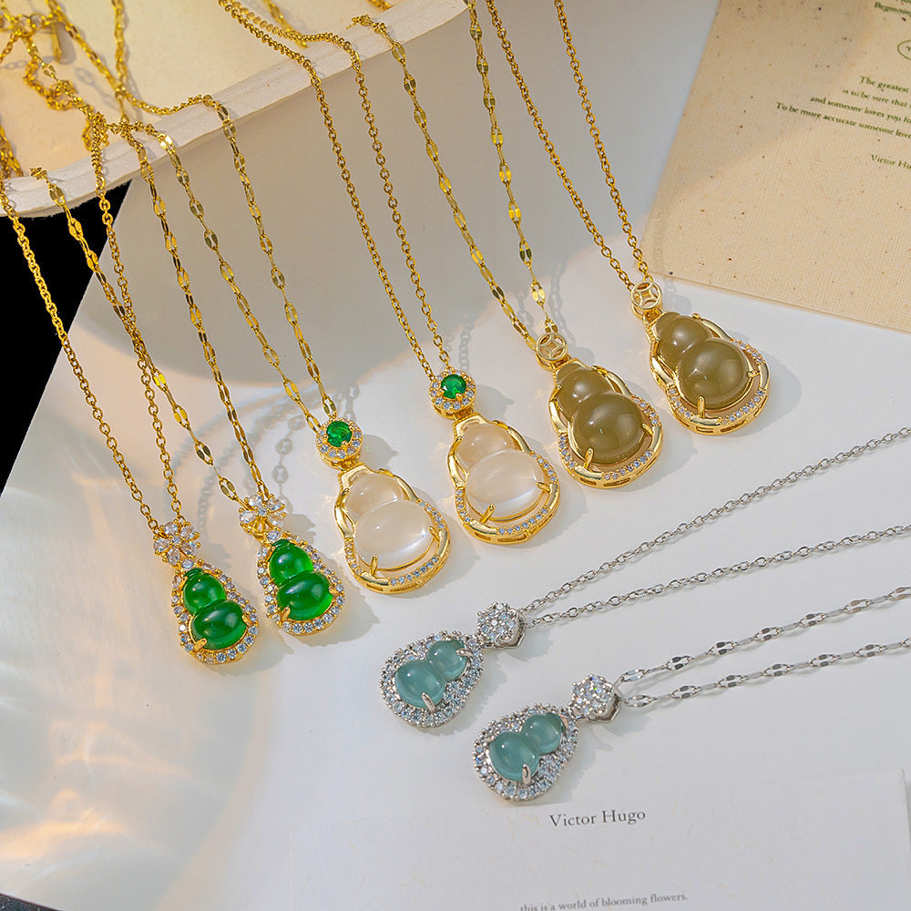 Full of diamond copper micro-inlaid jade gourd necklace female