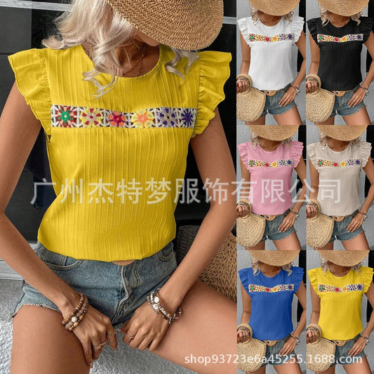 Hollow Lace Short Sleeve Shirt Top