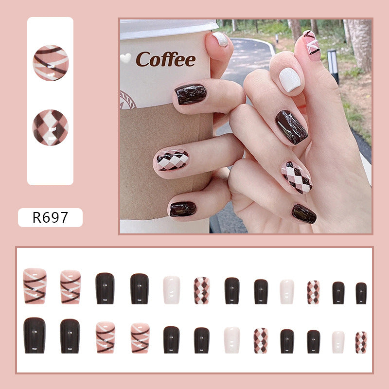 Coffee Checkered Milk White Deep Coffee Nails