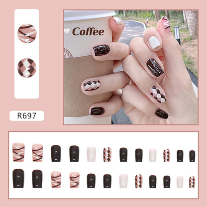 Coffee Checkered Milk White Deep Coffee Nails