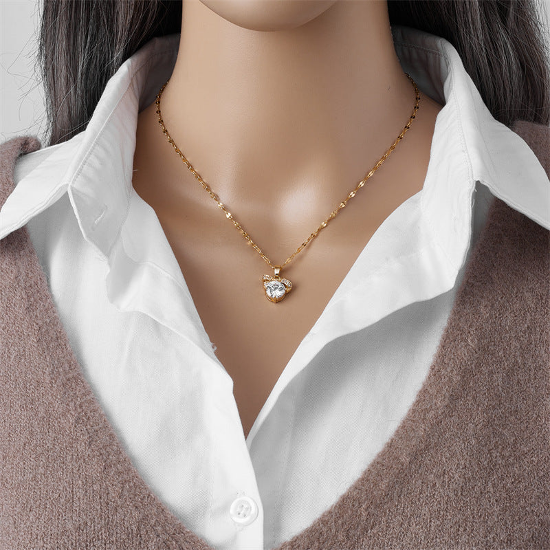 Gold-Plated Titanium Steel Bow Rhinestone Collarbone Necklace
