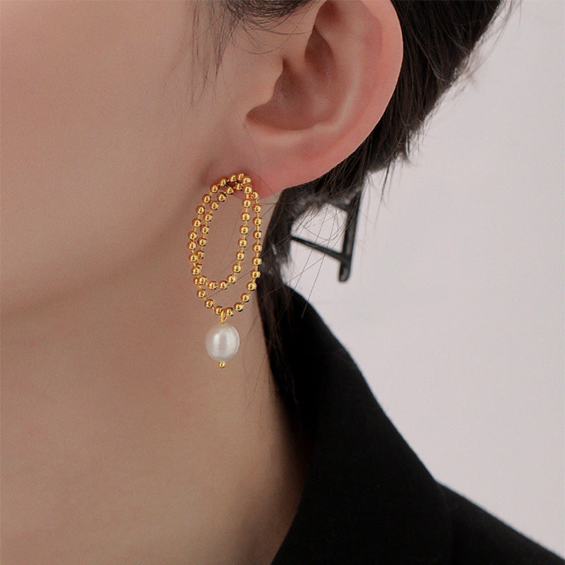 Women's Retro Pearl Titanium Steel Stud Earrings with K-Gold Bead Chain