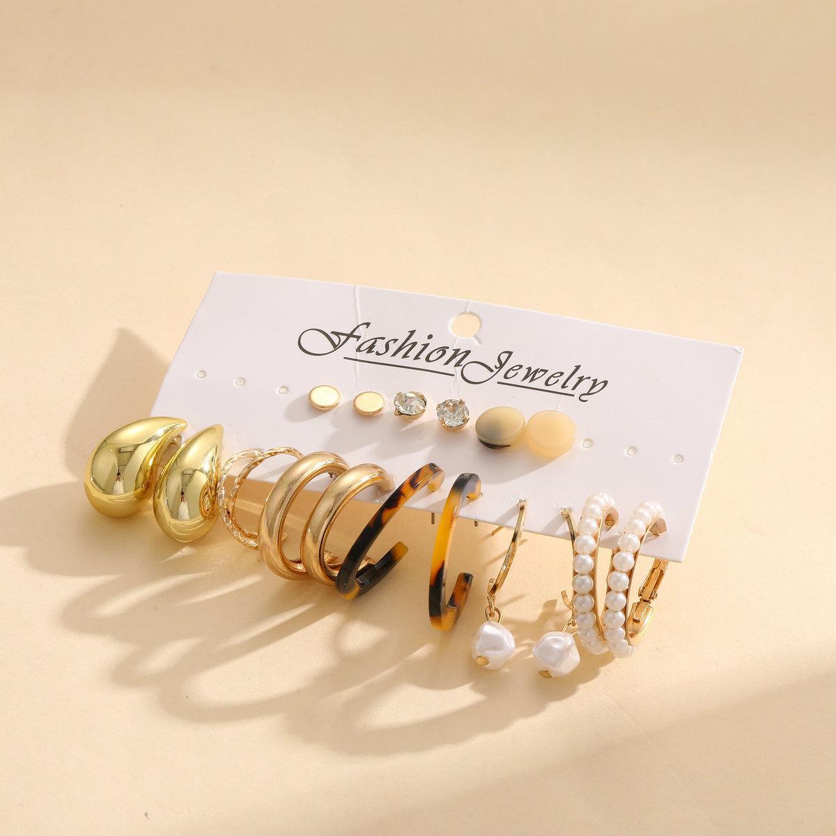 9Pcs Geometric Pearl Earring Set