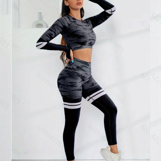 Conjunto de yoga de manga larga con camuflaje de primera calidad 