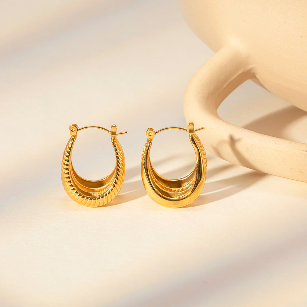Double Layer Polished Ribbed Oval Pot Earrings