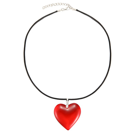 Big red glass heart pendant black leather necklace