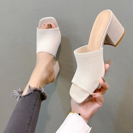 One-word thick heel knitted wool high heels