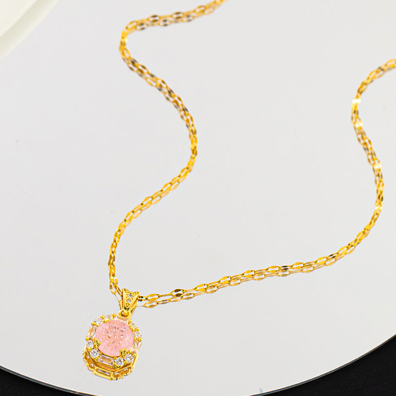 Pink diamond copper plated real gold titanium steel necklace