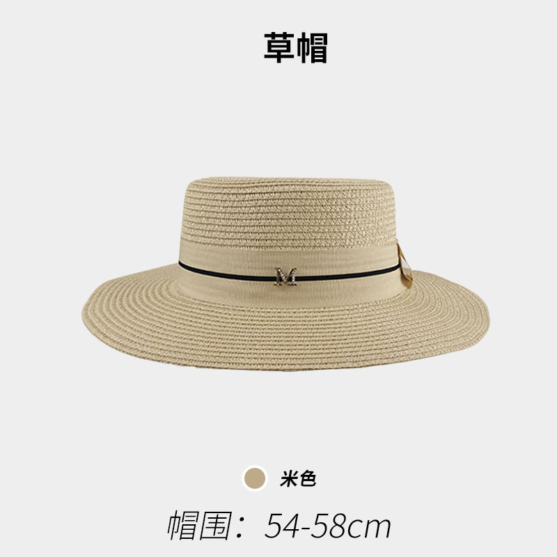 Flat-Top Straw Hat French-Style Summer Wide-Brim Sun Hat