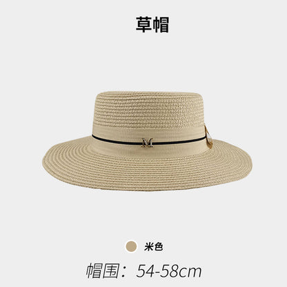 Flat-Top Straw Hat French-Style Summer Wide-Brim Sun Hat