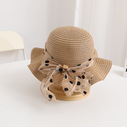 Girls' Polka Dot Bow Kids Bag Straw Beach Sun Hat