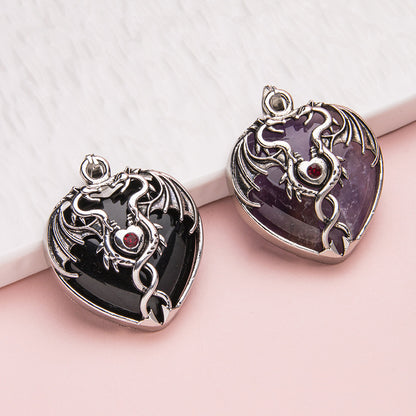 Pingente de coração de gema envolto em dragão de asa dupla vintage de cristal 