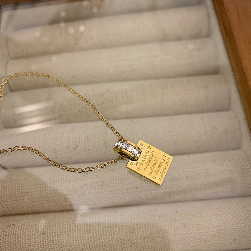 Titanium Steel Square "Love" Necklace with Zircon Ring