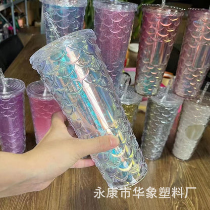 Fish scale cup double straw cup 700ml