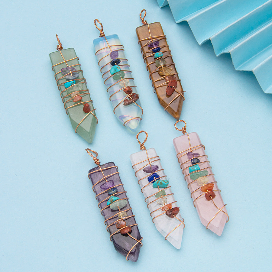 Crystal Bullet Seven Chakra Wire Wrap Arrow Pendant