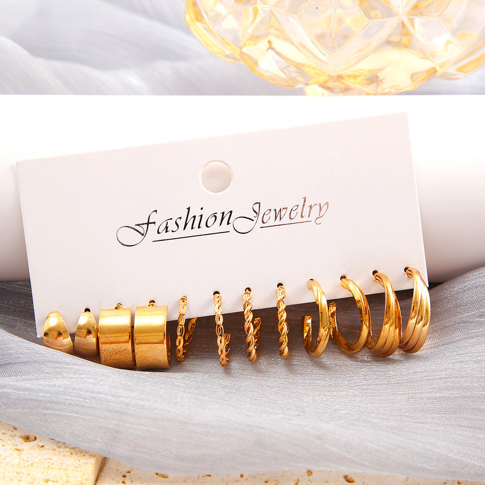 Gold C-Shape & Chain Earring Set (6-Piece)