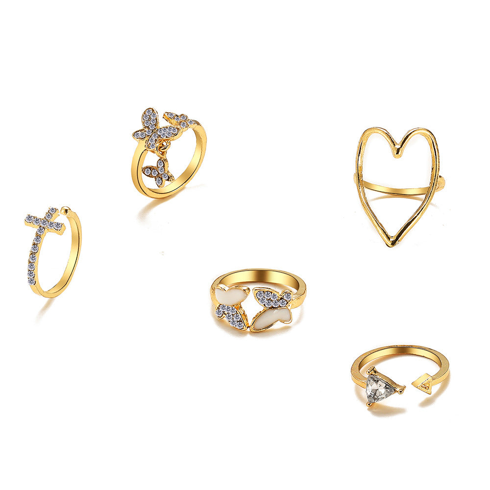 Diamond Butterfly & Love 5-Piece Ring Set