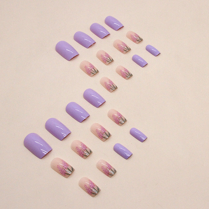 Summer Lavender Purple Floral Fake Nails