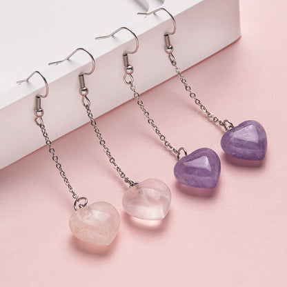 Brincos longos de aço inoxidável com coração de pêssego de 15 mm de cristal 