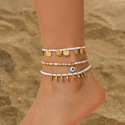 3-piece water drop coin acrylic anklet
