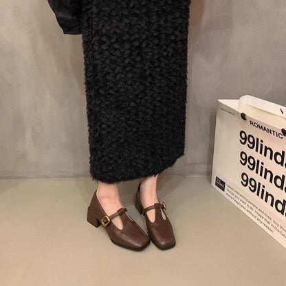 Casual one-word buckle thick-heeled small leather shoes
