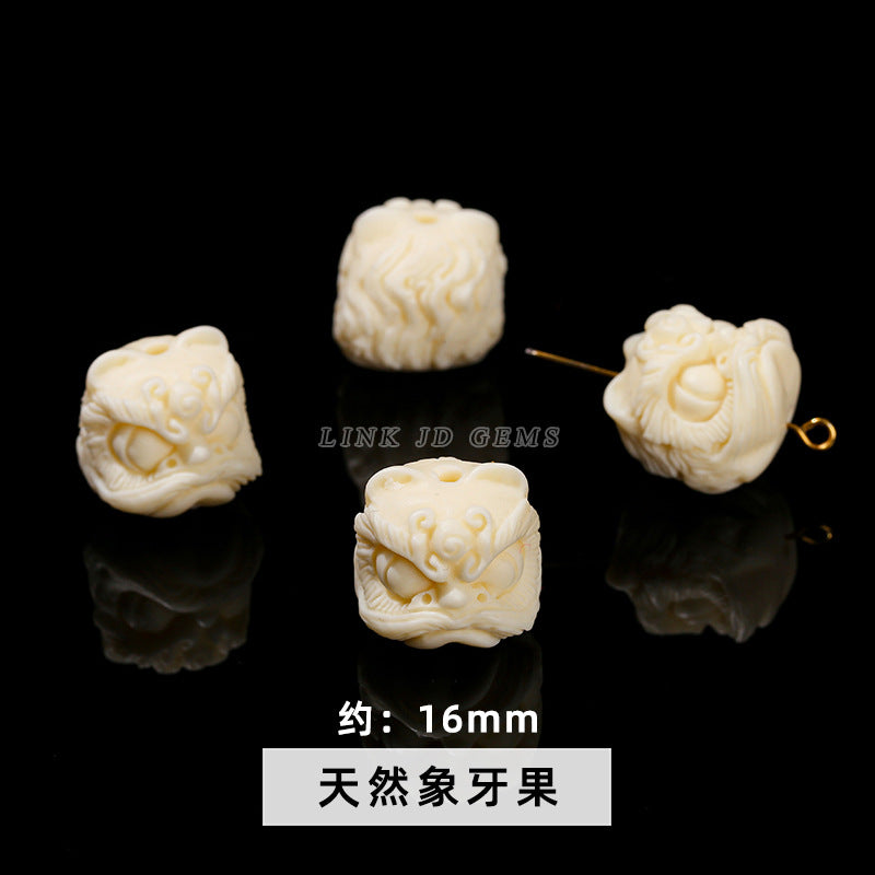 Cuentas sueltas con grabado de cabeza de león de obsidiana plateada y cristal 