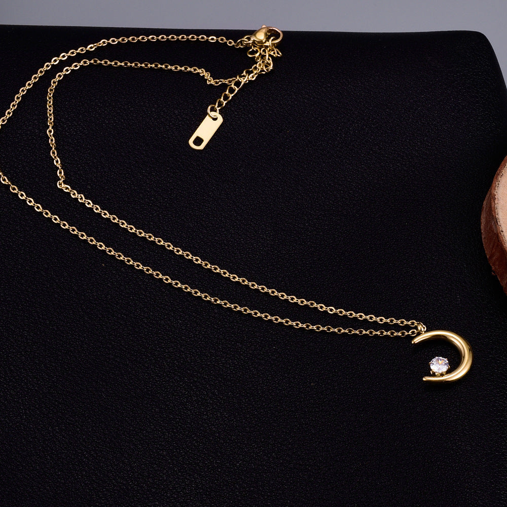 Women's 18K Titanium Steel Moon Zircon Collarbone Necklace