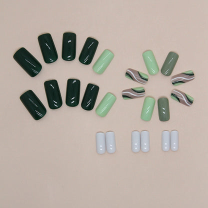 Green Striped Medium-Length Square Detachable Fake Nails